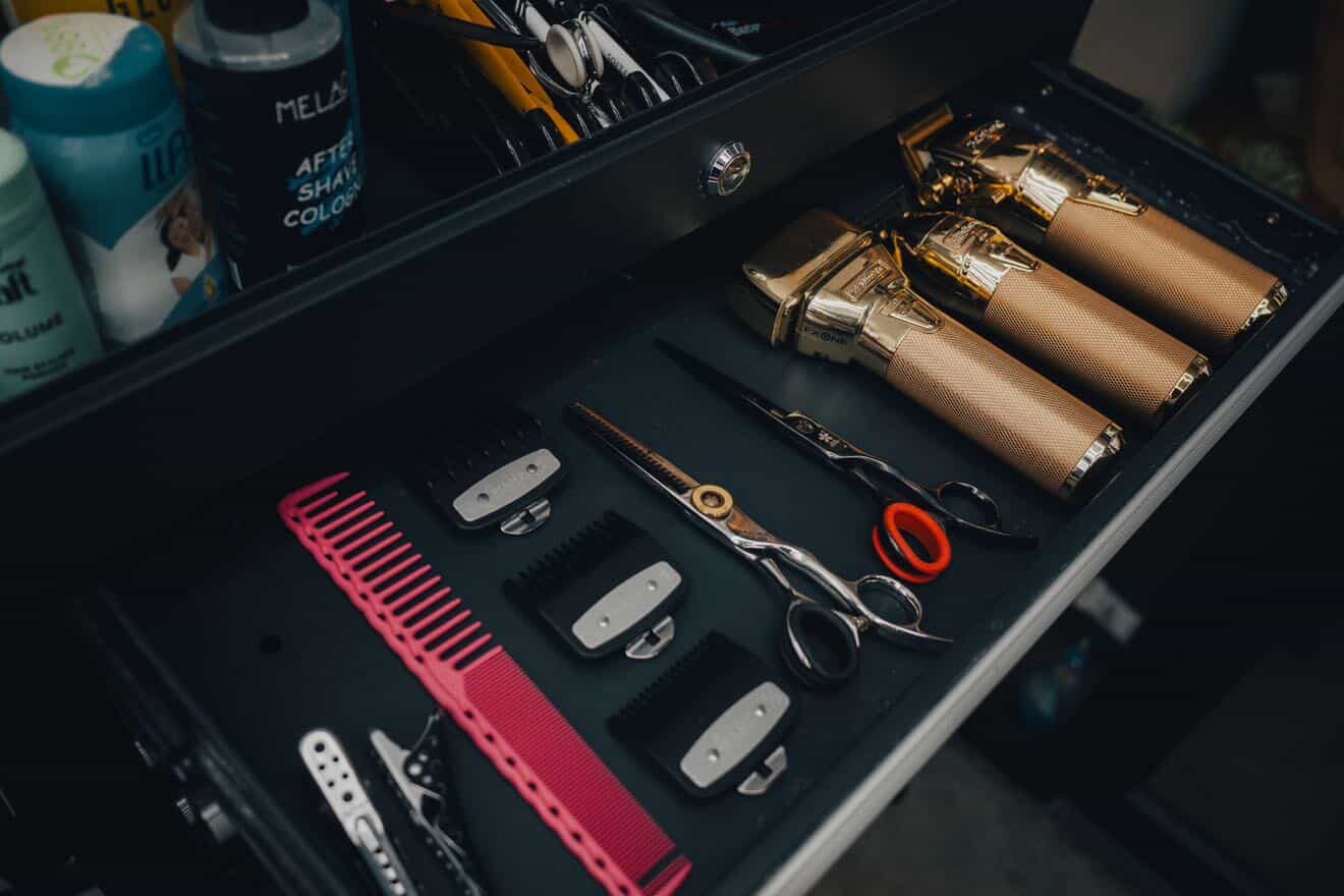 Professional barber tools and razors at a Bangkok barber shop